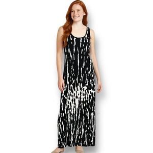 Calvin Klein XL Black White Maxi Dress Sleeveless Scoop Neck Artsy Print Resort
